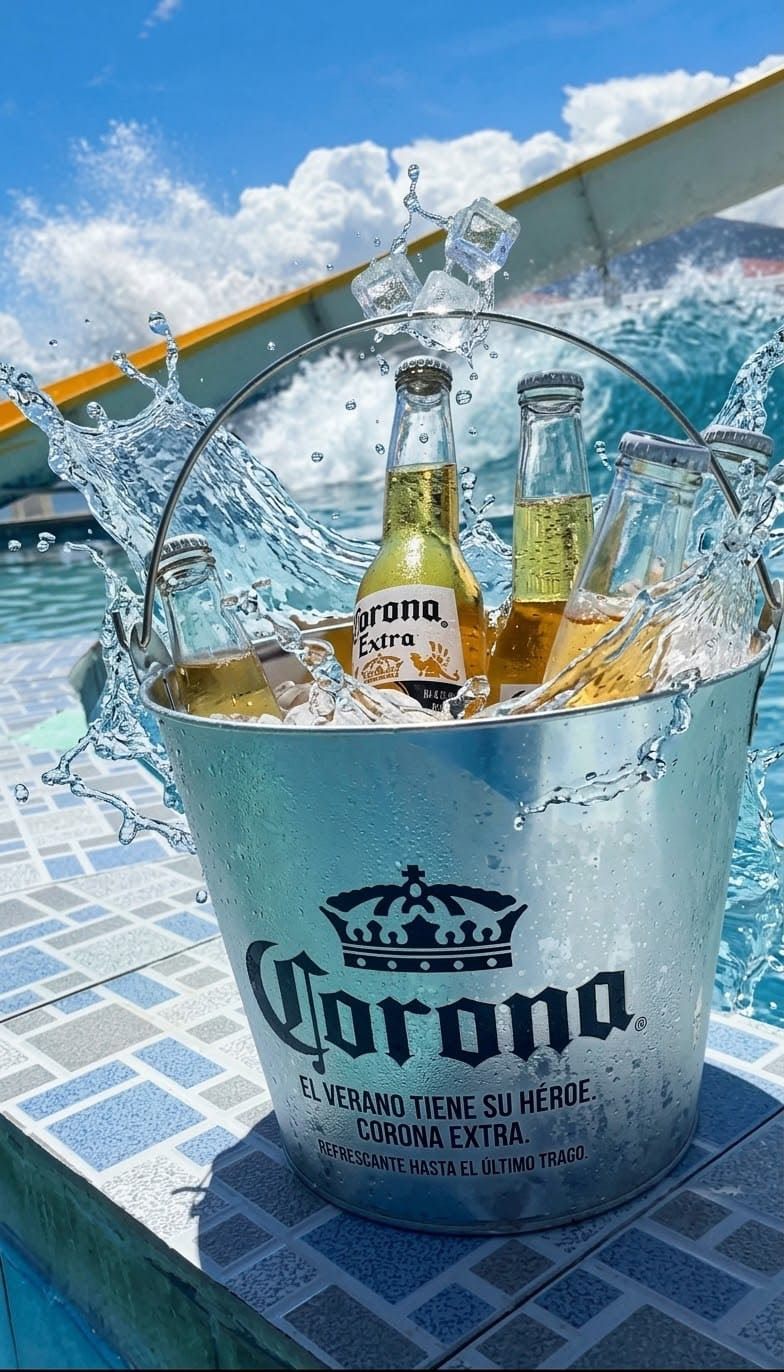 Balde de cervezas heladas al borde de la piscina