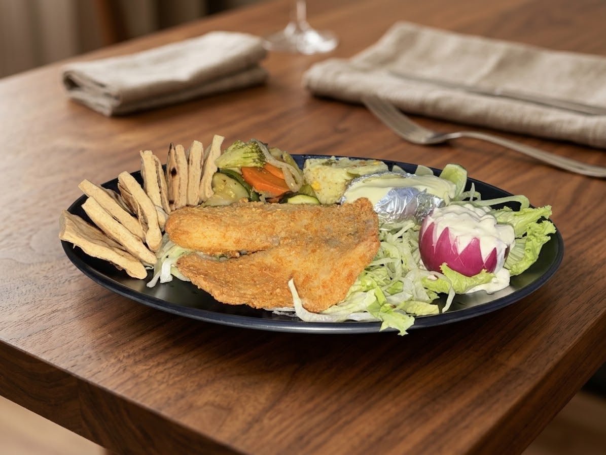 Filete de pescado empanizado con ensalada y tortillas