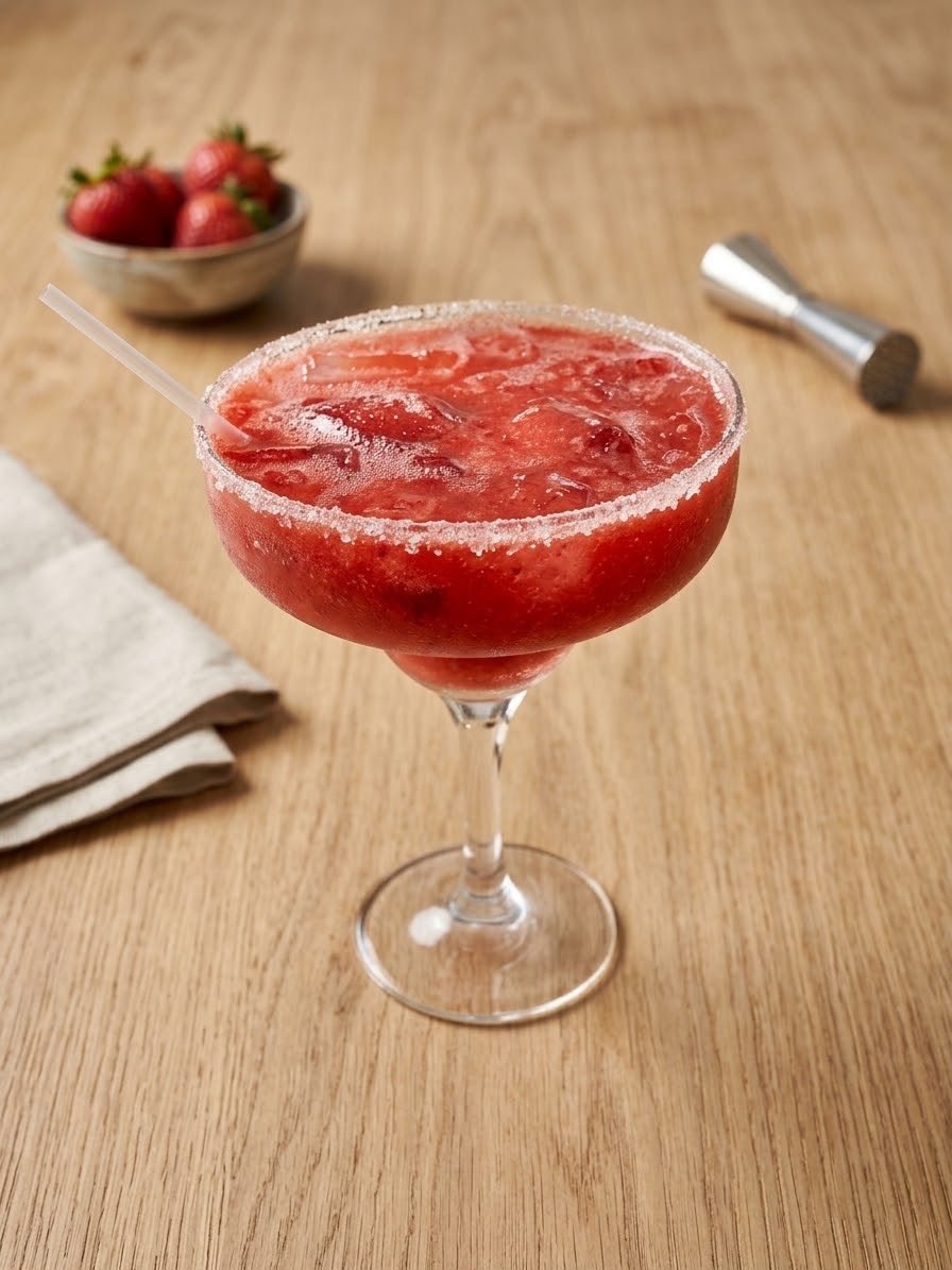 Margarita de fresa en copa escarchada