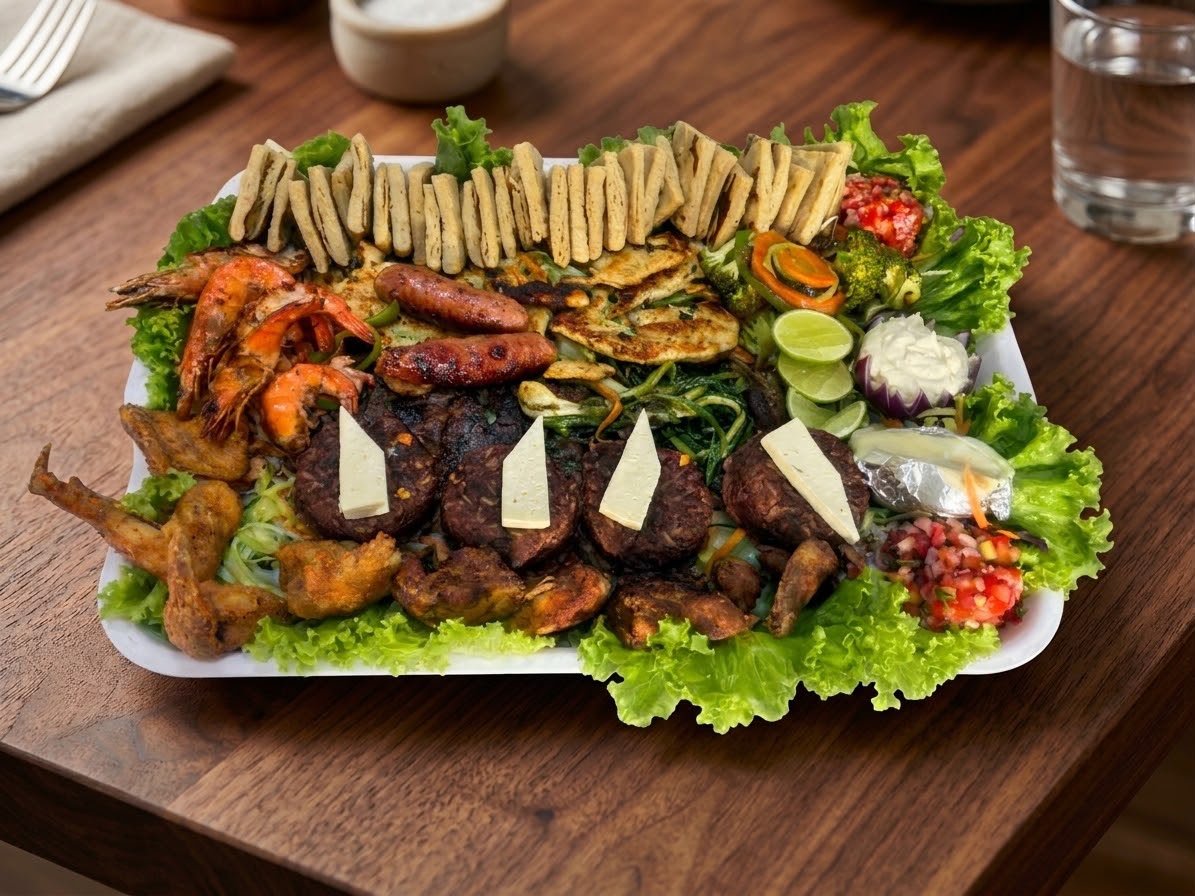 Parrillada familiar con carne, pollo, chorizo, costilla y camarones